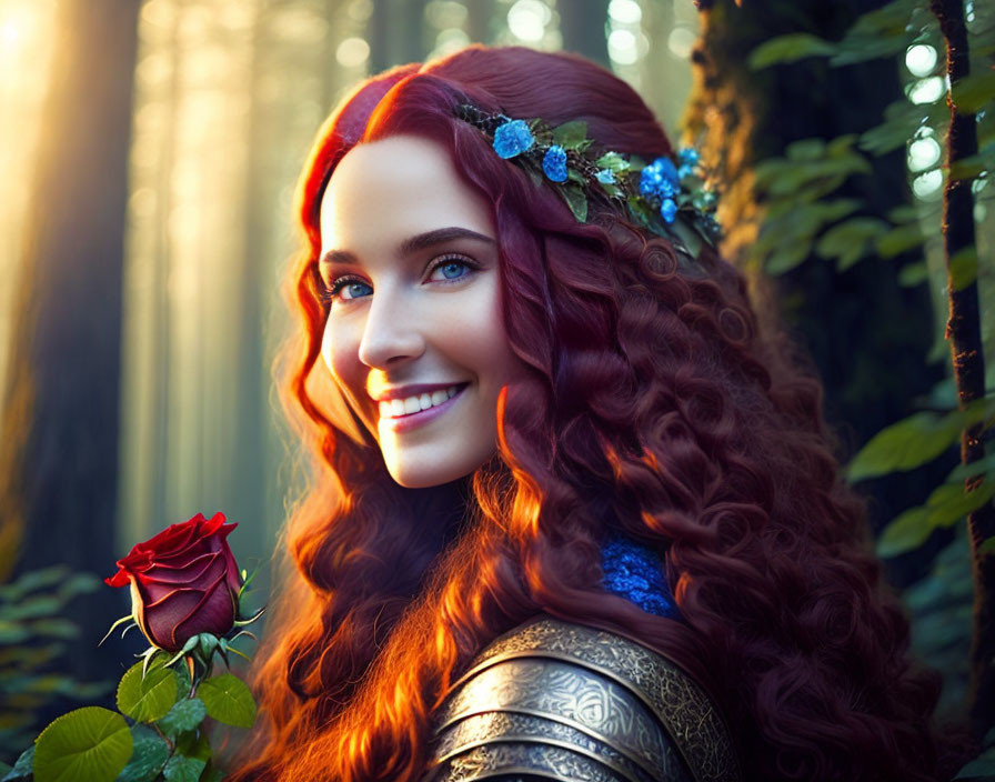 Curly Red-Haired Woman with Blue Headband Holding Rose in Forest