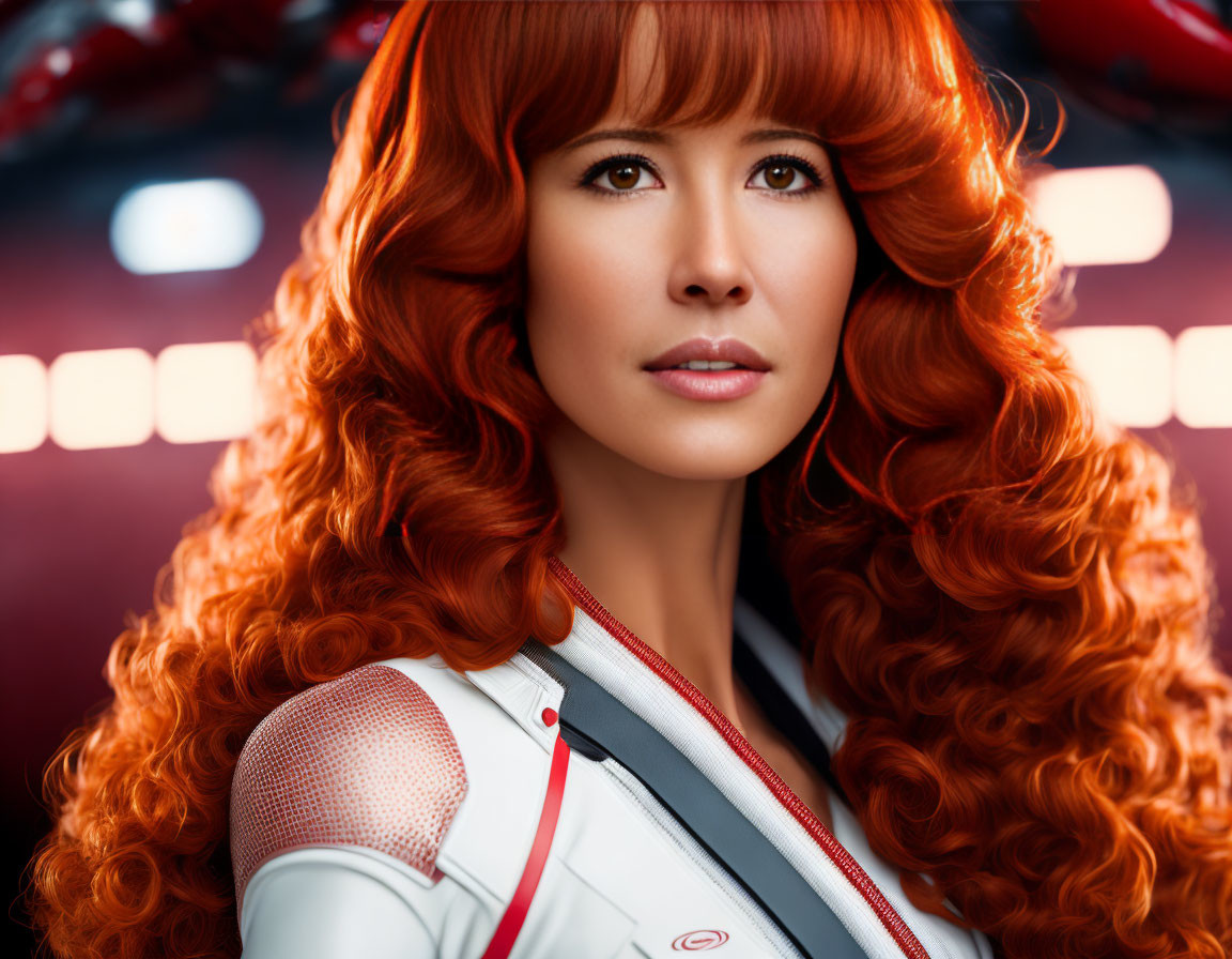 Vibrant red curly hair woman in white jacket against futuristic red-lit backdrop