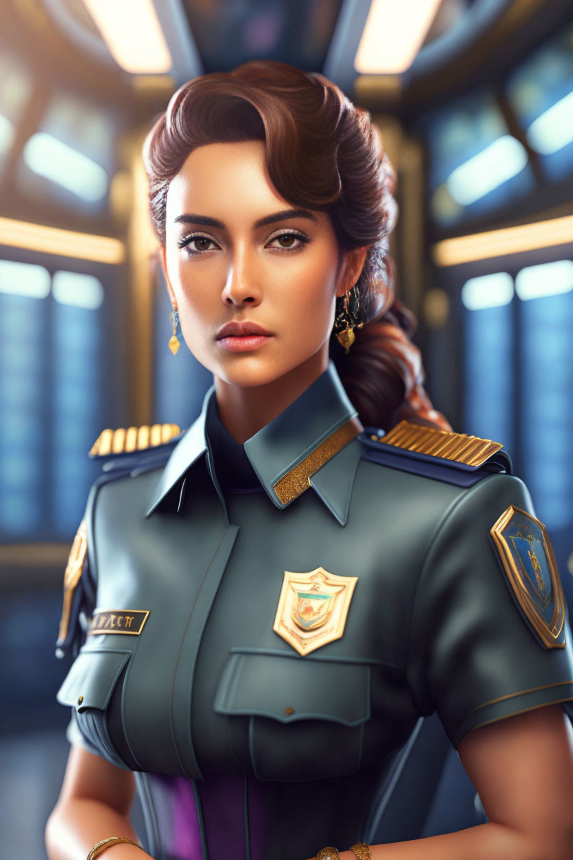 Futuristic military woman in ornate uniform by circular windows