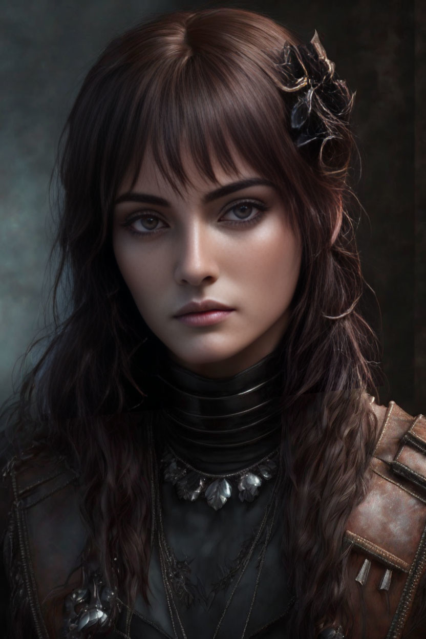 Intense gaze woman portrait with brown hair, black flower, leather attire, and metal neck rings.