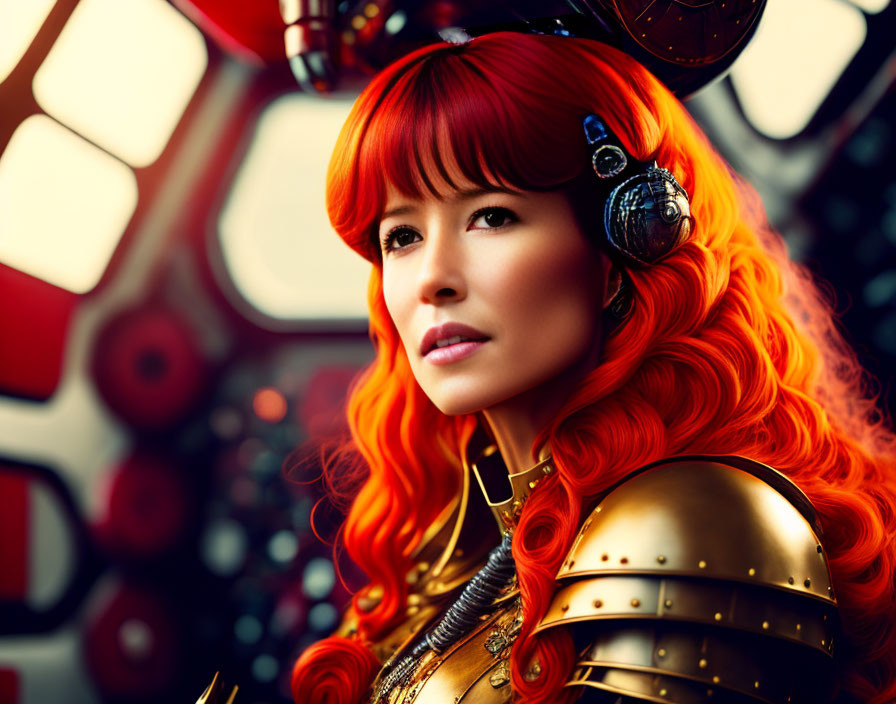 Red-haired woman in futuristic armor with headphones on abstract mechanical backdrop