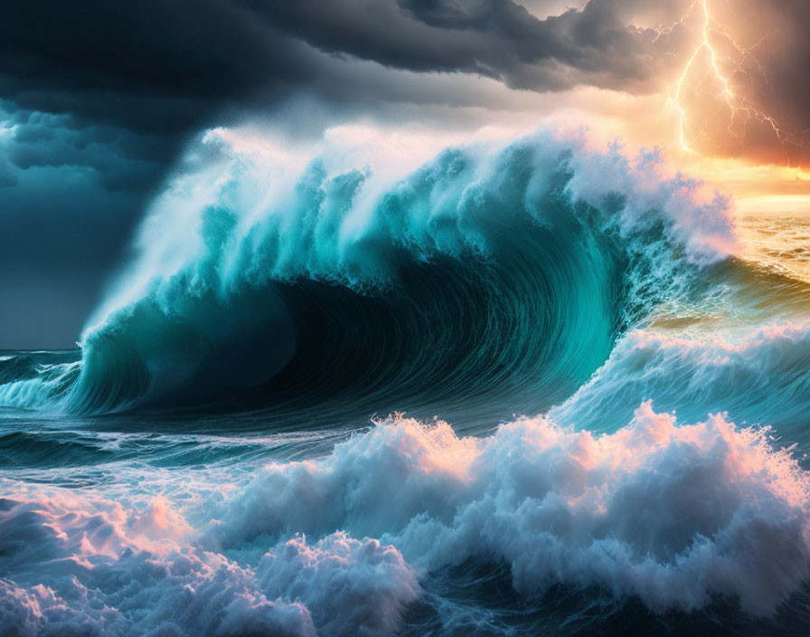 Towering Wave Cresting Under Stormy Sky at Sunset