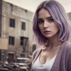 Pastel purple hair woman in pink sweater by old building