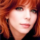 Portrait of woman with auburn hair, green eyes, light makeup, and black outfit