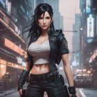 Digital artwork: Animated female character in black hair & tactical outfit against neon-lit urban backdrop