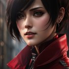 Digital artwork of woman with short dark hair, brown eyes, red leather jacket.