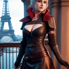 Fantasy woman with white hair and sword in front of Eiffel Tower