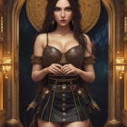 Digital artwork: Woman with long dark hair in fantasy outfit by golden arch