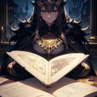 Female character in ornate armor and crown with magical book in night cityscape