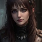 Intense gaze woman portrait with brown hair, black flower, leather attire, and metal neck rings.