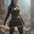 Medieval-inspired armor woman in post-apocalyptic ruins with pistol.