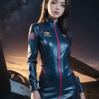 Woman in blue space-themed outfit with red zipper against starry sky and spacecraft.