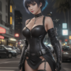 Dark-haired woman in fantasy outfit in urban setting