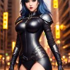 Cosplayer in Black and Blue Futuristic Armor on Urban Street