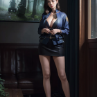 Confident woman in revealing outfit by misty forest window