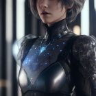 Short-haired woman in intricate fantasy armor with ornate shoulder plates.