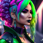 Vibrant multicolored hair and futuristic costume on a digital portrait