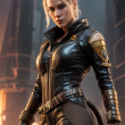 Blonde animated character in black leather outfit with golden details in industrial setting