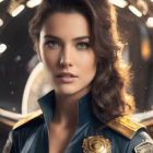 Wavy-haired woman in futuristic uniform by sci-fi portal