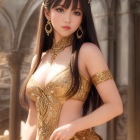 Dark-haired woman in ornate costume by ancient stone structure