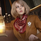 Blonde woman with lantern in ornate room wearing brown jacket and red scarf