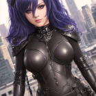 Blue-haired person in futuristic black armor with skyscrapers background.