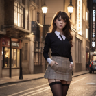 Confident woman in stylish outfit on old city street at dusk