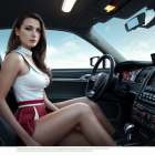 Pensive woman in white and red outfit inside luxurious car