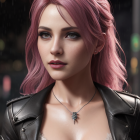 Digital artwork: Woman with pink hair in leather jacket and lace attire with leaf pendant, city background.