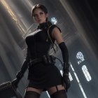 Female character in black combat outfit inside gothic cathedral with case