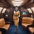 Woman in yellow uniform in luxurious private jet with leather seats