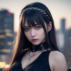 Dark-haired woman in head chain and choker against cityscape at dusk