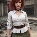 Red-haired woman in white shirt and green skirt against dilapidated building.