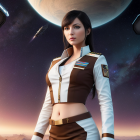 Futuristic military woman gazes at giant planet from spaceship window