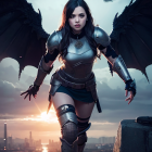 Female warrior in fantasy armor with dragon wings in dramatic sunset cityscape