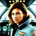 Digital illustration: Confident woman in pilot jacket with badges, blurred cockpit dashboard.