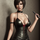 3D-rendered image of woman in black outfit with red zipper holding device