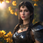 Fantasy-style armor woman with braided hair in gold headpiece against yellow flowers