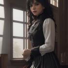 Victorian woman in ruffled blouse and dark vest near window with soft light.