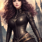 Fantasy-style woman in leather outfit with castle backdrop