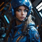 Blue pilot suit woman with helmet and headset in futuristic cockpit