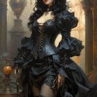 Elaborate black ruffled dress and witch's hat in fantasy autumn scene.