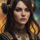 Digital portrait of a woman in cosmic setting with golden headset and sci-fi attire