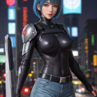 Blue-haired character in futuristic outfit wields weapon in neon-lit urban scene