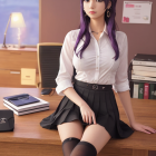 Young woman with purple hair in white shirt and black skirt sitting at table with books and lamp