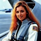 Long-haired woman in flight suit poses in front of jet aircraft