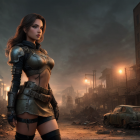 Armored woman in dystopian cityscape with abandoned cars.