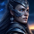 Fantasy armor-clad woman under starry sky with intricate helm and ornate earpiece