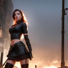 Confident woman in black leather outfit amid fiery explosions and urban destruction