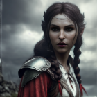 Fantasy armor woman in red cloak under stormy sky